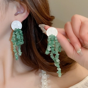 Elegant long tassel drop earrings with white round studs and green natural stone beads