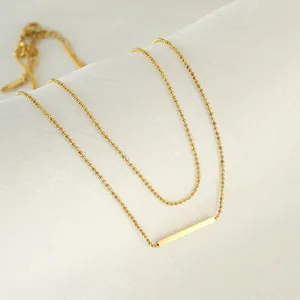 Double Layered Necklace Stainless Steel 18K Gold Plated Polished Long Bar Pendant Bead Chain Minimalist Fashion For Women