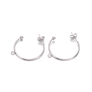 Detailed view of silver C-shaped hoop earring posts with loop and butterfly backings