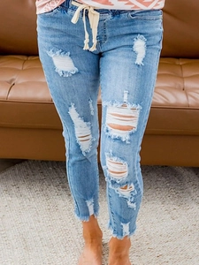 Women Ripped Jeans Light Blue Cotton Denim Elastic Waist Drawstring Distressed Slim Fit Pencil Pants Casual