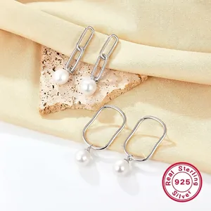 Artificial Pearl Dangle Drop Earrings With 925 Sterling Silver Earring Post Minimalist Geometric Elegant Jewelry For Women