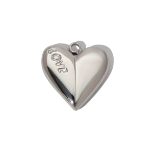 Detailed view of heart-shaped stainless steel pendant with Love engraving and silver finish