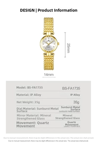Detail view of gold beaded strap women's quartz watch showing dimensions and silver dial