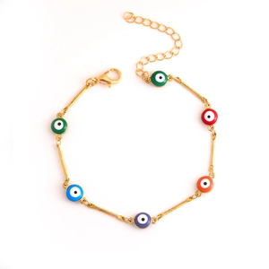 Detail of colorful Evil Eye bracelet with gold-plated metal links and adjustable clasp