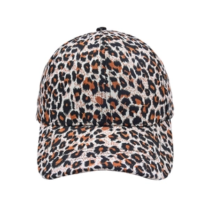 Detail of classic leopard print pattern on a six-panel cotton canvas baseball cap