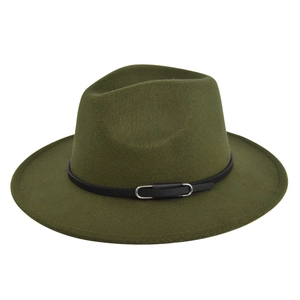Detail view of olive green wool fedora hat featuring a black leather band and silver buckle