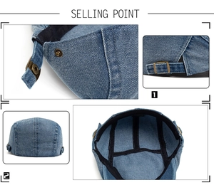 Dettaglio del berretto in denim con fibbie regolabili e cuciture interne rinforzate