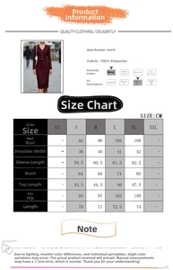Size chart detail for elegant V-neck polyester tweed suit including S to XL measurements