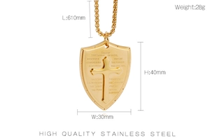 Detailed view of golden shield cross pendant with dimensions and stainless steel texture