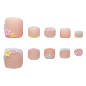 Summer press-on toe nails with macaron floral 3D accents and matte French tips