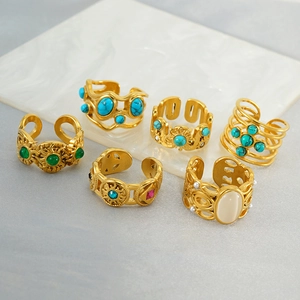 6pcs vintage 18k gold plated stainless steel rings set with malachite and gemstones