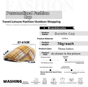 Detailed size chart for plaid cotton beret showing 57-61cm head circumference and specs