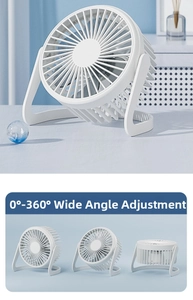 Detail showing 360-degree rotation of a white USB desktop fan with adjustable angles
