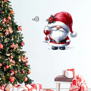 Cute Christmas gnome wall decal with red hat and wine glass for festive home decoration