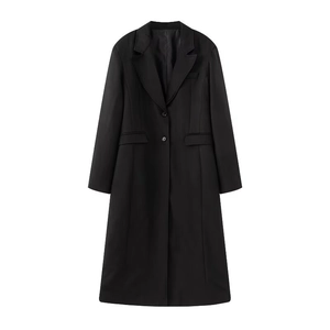 Slim fit black long coat with notch lapels and double button closure on white background