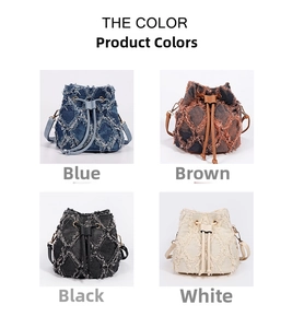 Detailed grid view of four tie-dye denim bucket bags with fringe and quilted design
