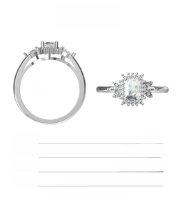 Detailed specs of emerald cut moissanite flower ring in 925 sterling silver