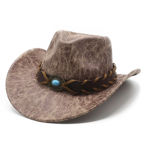 Western Cowboy Hat Vintage Distressed Faux Leather Turquoise Woven Band Wide Brim Outdoor Retro For Men Women