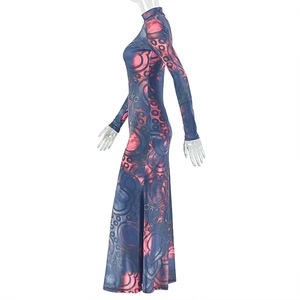 Detail of high collar and blue-pink abstract print on tight fitting long sleeve dress