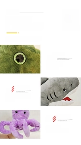 Detail view of plush ocean animals showing realistic eyes and soft stitched mouth textures