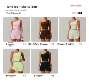 Détail de cinq couleurs d'ensembles de sport de yoga à une épaule rose brun et noir