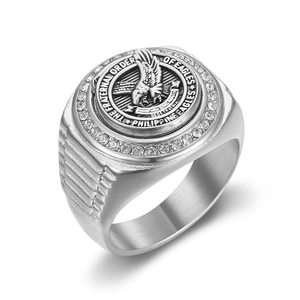 Men's stainless steel eagle seal ring with zircon stones and Philippine Eagles engraving