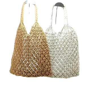 Handwoven hollow mesh tote bag in beige and brown cotton cord for summer fashion