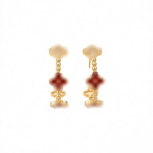 18k gold plated four-leaf clover stud earrings with red inlay and beaded edges