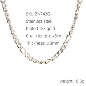 Detailed view of silver stainless steel Cuban chain necklace with 18k gold plating details