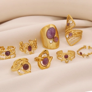 Vintage Purple Stone Adjustable Open Ring Stainless Steel Geometric Bohemian Style Jewelry For Women