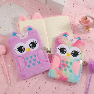 Plush purple owl A5 diary notebook with metal lock and rainbow fur cover for girls