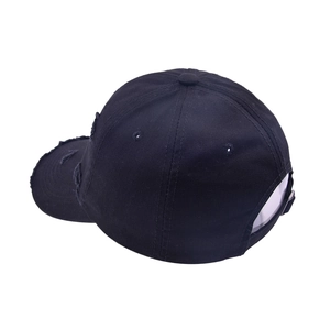 Detailed back view of distressed black cotton baseball cap with adjustable metal buckle strap