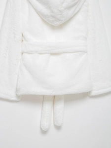Rear view of a white faux fur hooded jacket with matching waist belt detail