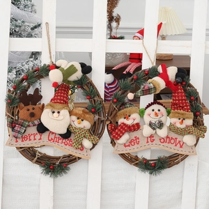 Christmas Wreath Garland Rattan Vine Plush Santa Snowman Reindeer Doll Hanging Decor Wall Door Window Holiday Festive