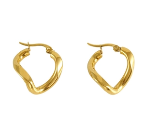 Detailed macro view of twisted gold-plated stainless steel hoop earrings with mirror finish