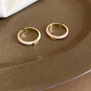 Enamel square zircon open rings in pink and beige with golden adjustable bands