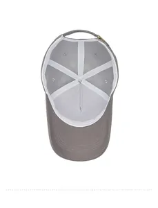 Interior view of grey baseball cap showing reinforced seams and adjustable gold buckle