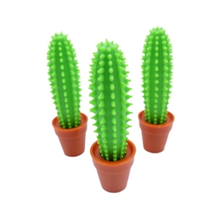 Three creative cactus ballpoint pens in brown flower pot bases on a white background