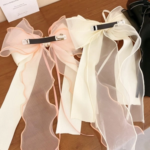 Elegant large organza bow hair clip with long ribbons in pink, white and black colors
