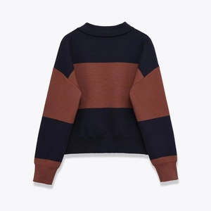 Back view of a long sleeve striped knit polo shirt in navy blue and rust red stripes