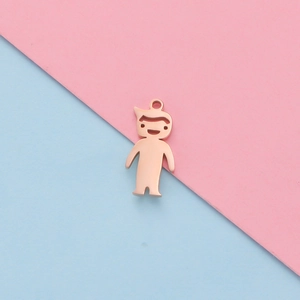 Polished rose gold cartoon boy pendant charm with high-shine metallic finish on dual background