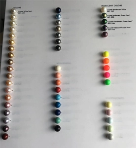 Color chart board showcasing various 925 silver glass pearl shades and crystal finishes