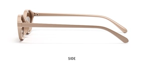 Side view of trendy oval sunglasses with matte beige frames and dark lenses