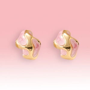 Minimalist irregular oval earrings with pink marble texture and gold stainless steel finish