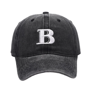 Washed dark gray cotton baseball cap with bold white embroidered letter B