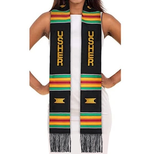 Black kente style graduation stole with USHER embroidery and fringe details