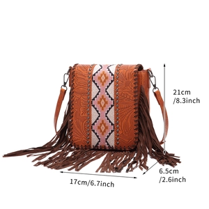 Detailed dimensions of bohemian crossbody bag with floral embossing and long tassels