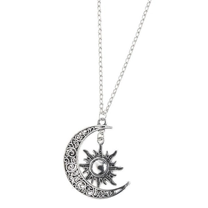 Vintage silver sun and moon pendant necklace with hollow carved bohemian celestial style
