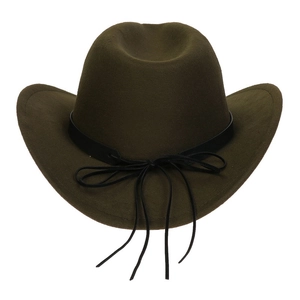 Detail of dark olive green western cowboy hat with black decorative band and tassel
