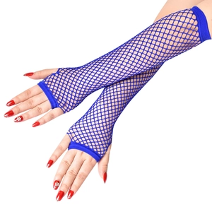 Close-up of blue long fishnet fingerless gloves with elastic ribbed cuffs for party wear